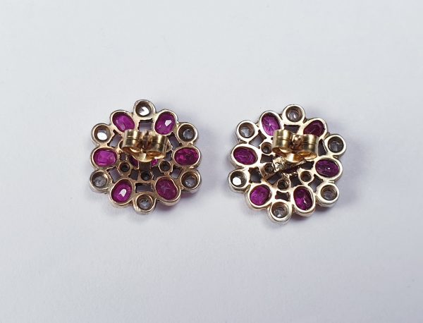 Antique Georgian Burmese Ruby and Rose Cut Diamond Cluster Earrings in silver and gold, Circa 1820