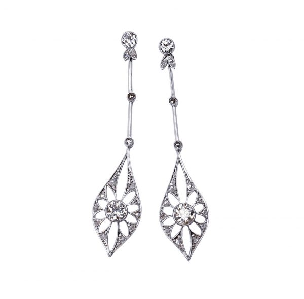 Antique Edwardian Old Cut Diamond Drop Earrings; old cut diamonds set in millegrain platinum with knife bar sections and pierced out lozenge drop. English, Circa 1900