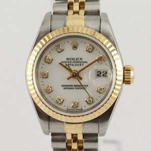 Rolex Lady Datejust 69173 Original Diamond Dial 26mm Steel and Gold Automatic Watch; white dial with factory-set diamond hour markers and sapphire crown, gold bezel and date indicator at the 3 hour position, on a steel and gold Jubilee bracelet with steel and gold clasp. From 1999, in mint condition and comes with Rolex box, papers and service papers from 2005.