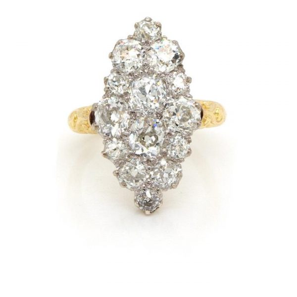 Antique Victorian Old Cut Diamond Navette Shaped Cluster Ring, 2.90 carat total, fourteen old cut diamonds set into a Navette shape, carved ornate shoulders