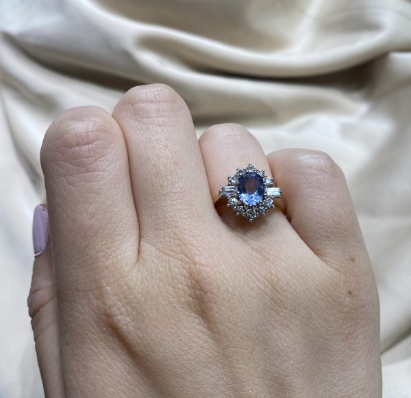 Vintage Sapphire and Diamond Cluster Ring with Baguette Shoulders