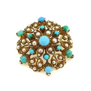 Antique Turquoise and Pearl Brooch in 15ct Gold