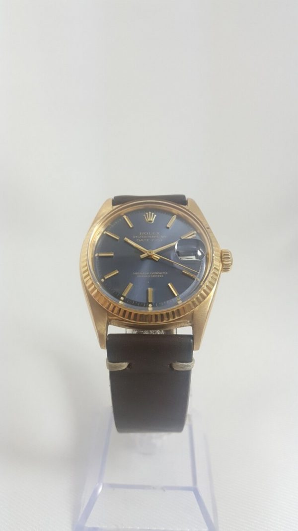 Rare Vintage Rolex Datejust 1601 18ct Yellow Gold 36mm Automatic Watch with Blue Dial, Circa 1970s