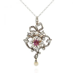 Art Nouveau Diamond, Pearl and Spinel Pendant Brooch, in silver-upon-gold