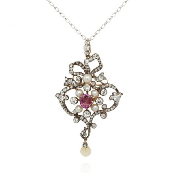 Art Nouveau Diamond, Pearl and Spinel Pendant Brooch