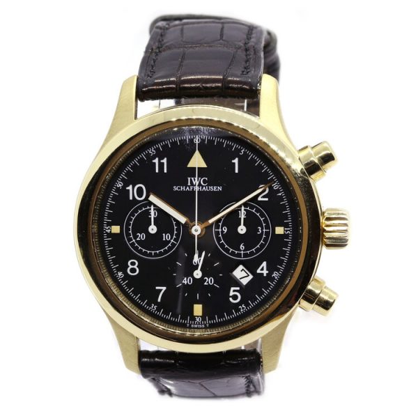 IWC Pilot Chronograph 18ct Yellow Gold 36mm Quartz Watch, Ref 3741, black dial with Arabic numerals and three chronograph sub dials, date aperture between 4-5 o'clock, sapphire crystal glass and screw-down drown, on a black leather strap with an IWC 18ct yellow gold pin buckle