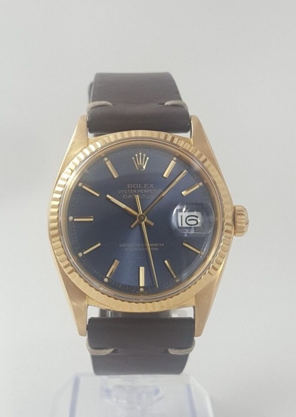 Rare Vintage Rolex Datejust 1601 18ct Yellow Gold Watch with Blue Dial, magnified date at 3, screw-locked crown and Pexiglas crystal, automatic movement, on a leather strap, Circa 1970s