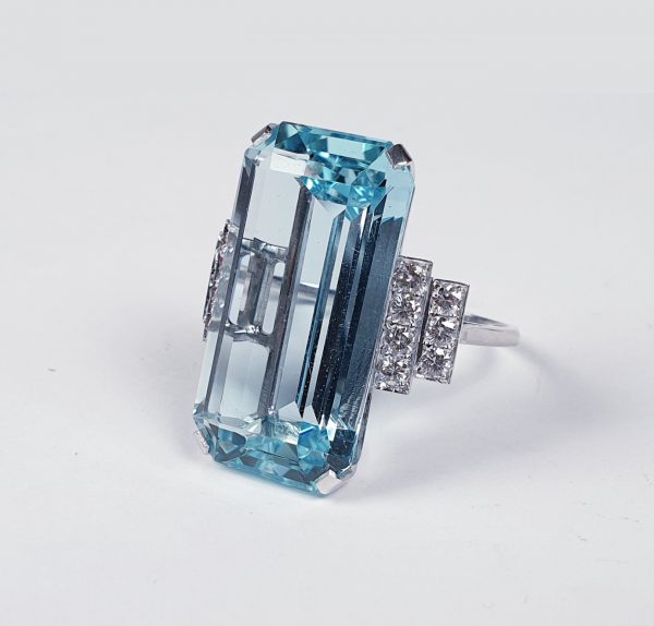 Art Deco 25ct Aquamarine and Diamond Dress Ring in Platinum