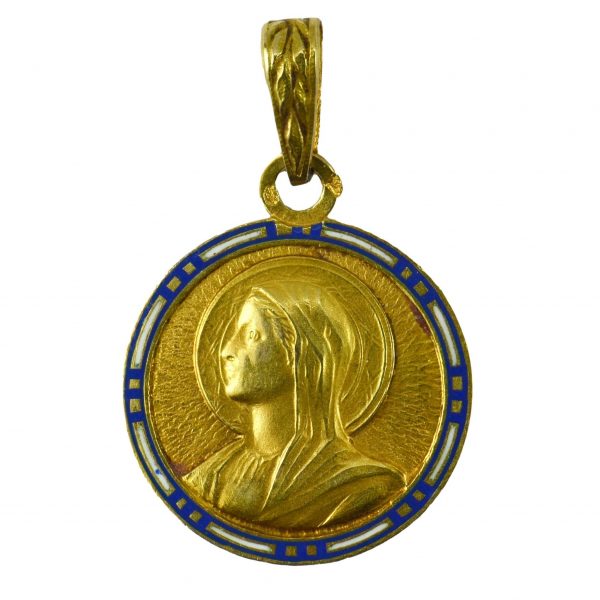 Vintage French 18ct Gold and Blue Enamel Virgin Mary Pendant; designed as a medal depicting the Virgin Mary with a blue and white cloisonné enamel frame