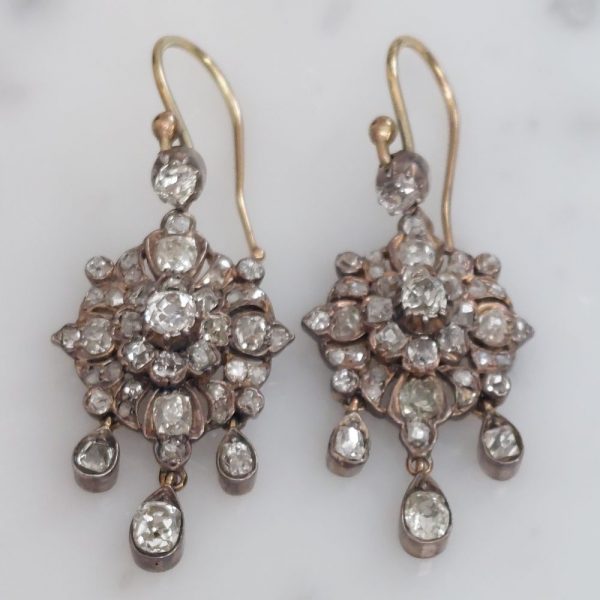 Antique Old Mine Cut Diamond Cluster Drop Earrings, 3 carats
