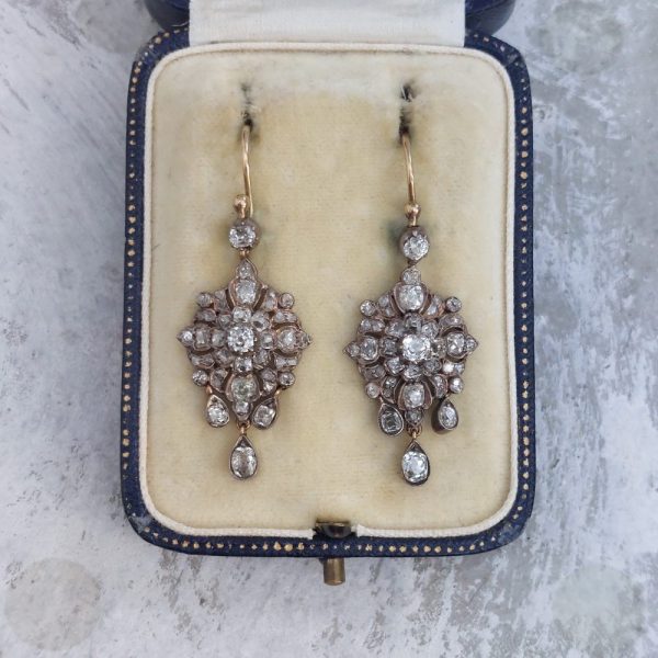 Antique Old Mine Cut Diamond Cluster Drop Earrings, 3 carats
