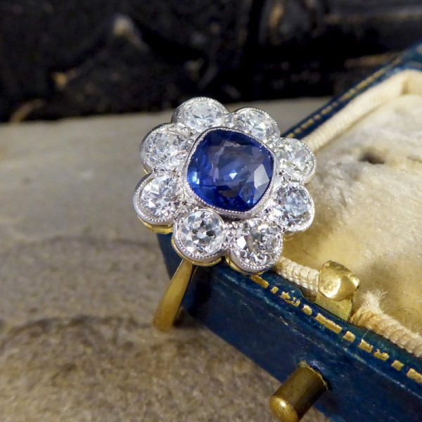 Antique Style 1.40ct Sapphire and 1.35ct Diamond Cluster Ring