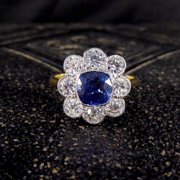 Antique Style 1.40ct Sapphire and 1.35ct Diamond Cluster Ring