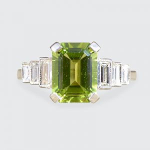 Art Deco Style 1.60ct Peridot Ring with Baguette Diamond Shoulders