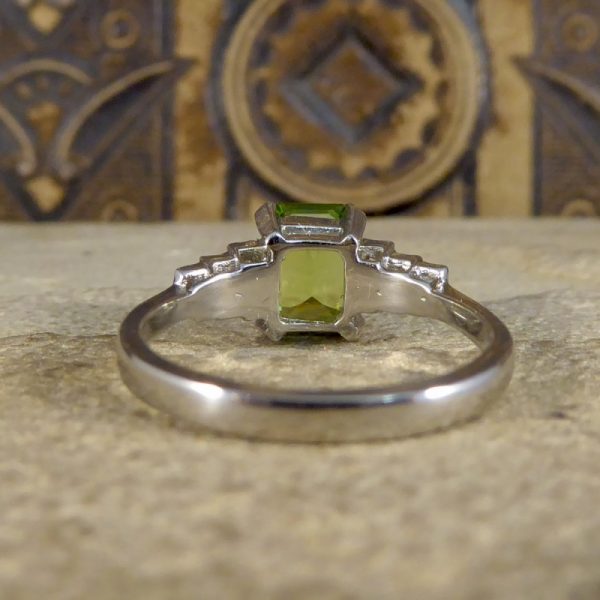 Art Deco Style 1.60ct Peridot Ring with Baguette Diamond Shoulders