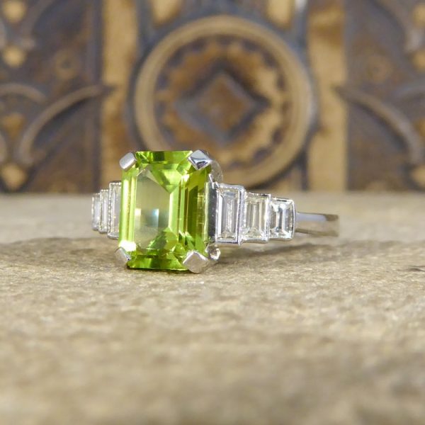 Art Deco Style 1.60ct Peridot Ring with Baguette Diamond Shoulders