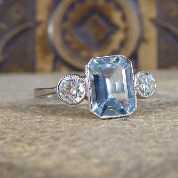 Contemporary 1.20ct Aquamarine and Diamond Three Stone Ring