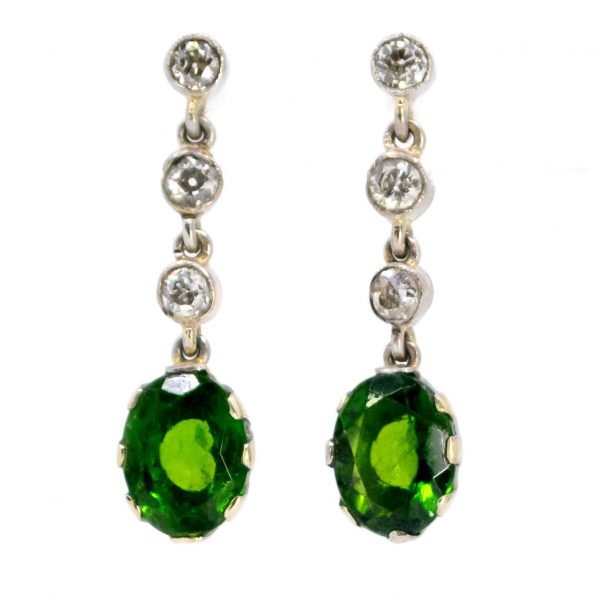 Vintage Chrome Diopside and Diamond Drop Earrings