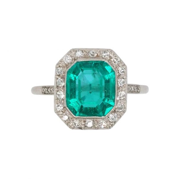 Art Deco Colombian Emerald and diamond ring Antique Square no oil