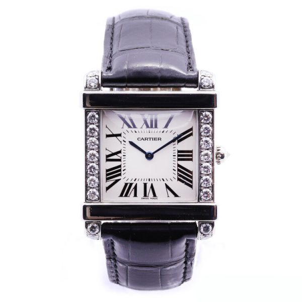 Cartier Tank Chinoise Platinum and Diamond 2685 Manual Watch, square platinum case with diamond set bezel and crown, white dial, Roman numerals, on a Cartier black leather strap with an 18ct white gold Cartier folding buckle