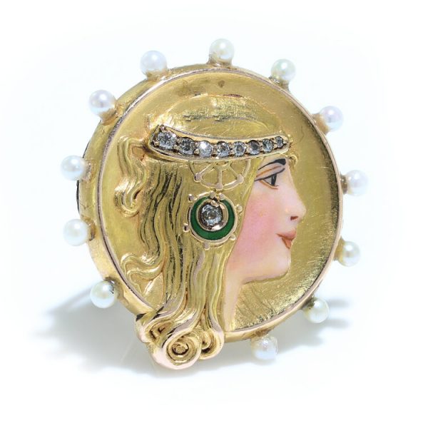 Art Nouveau Gold and Enamel Brooch with Diamonds and Natural Pearls; 18ct yellow gold brooch/pendant with enamel lady accented with diamonds and pearls, Made in France, Circa 1910