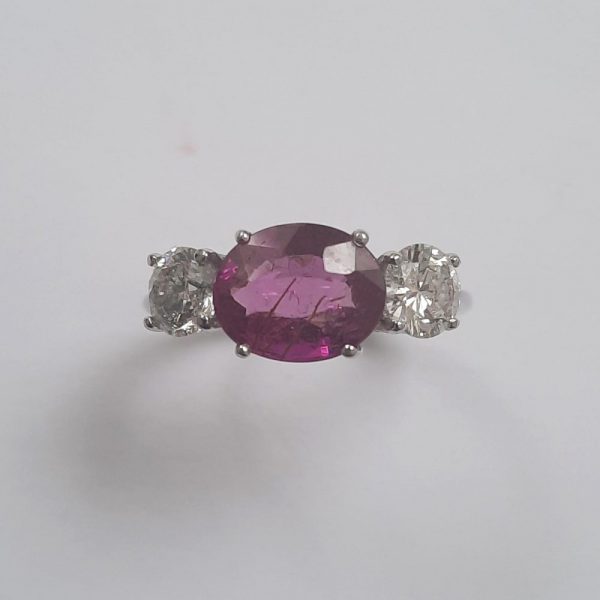 Pink Sapphire and Diamond Three Stone Ring, 2.30 carats