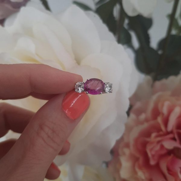 Pink Sapphire and Diamond Three Stone Ring, 2.30 carats