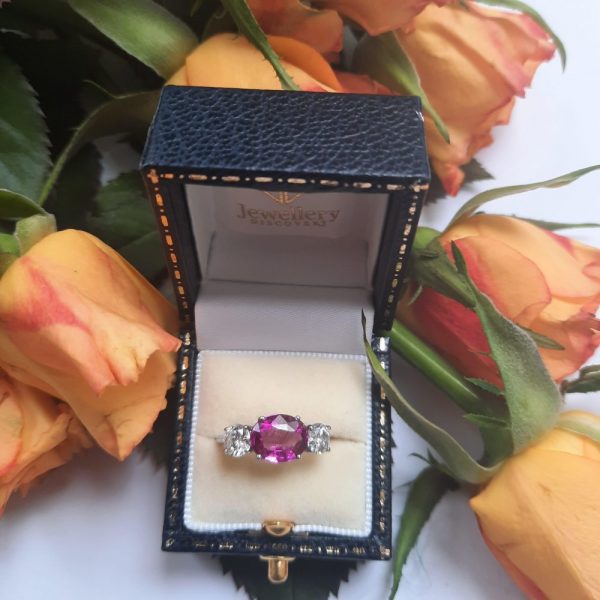 Pink Sapphire and Diamond Three Stone Ring, 2.30 carats