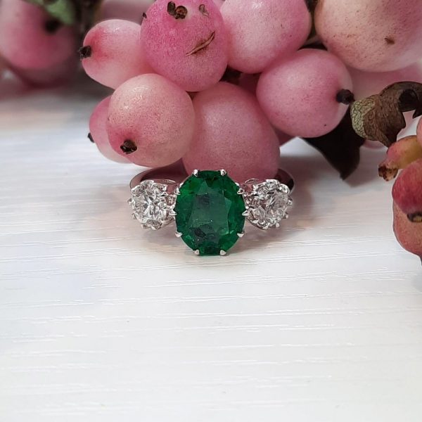 1.70ct Emerald and Diamond Three Stone Ring in Platinum