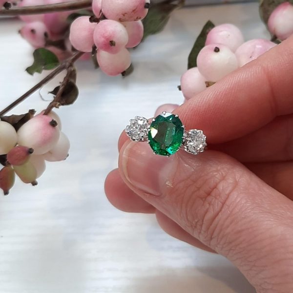 1.70ct Emerald and Diamond Three Stone Ring in Platinum