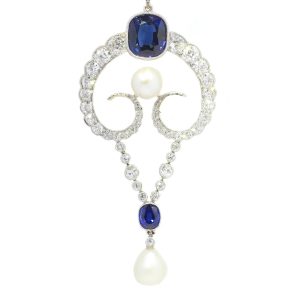 Belle Epoque Diamond Pendant with Natural Pearls and Sapphires; antique garland pendant set with 2.59cts old-cut diamonds, 4.76cts natural cornflower blue sapphires and 6.45cts natural saltwater pearls, with certificate, in platinum and 18ct gold, Circa 1910