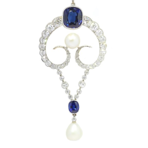 Belle Epoque Diamond Pendant with Natural Pearls and Sapphires; antique garland pendant set with 2.59cts old-cut diamonds, 4.76cts natural cornflower blue sapphires and 6.45cts natural saltwater pearls, with certificate, in platinum and 18ct gold, Circa 1910