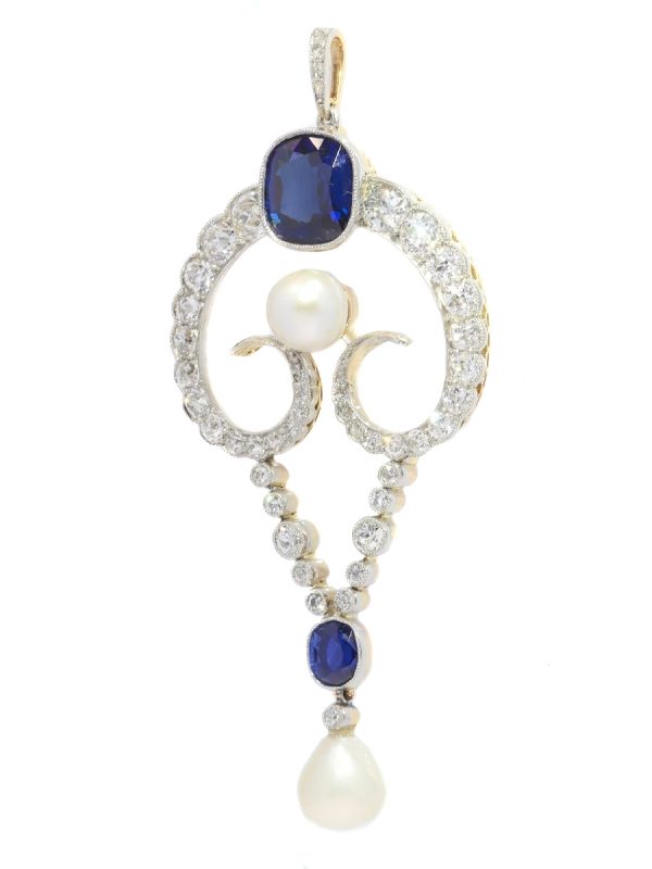 Belle Epoque Diamond Pendant with Natural Pearls and Sapphires, with certificate