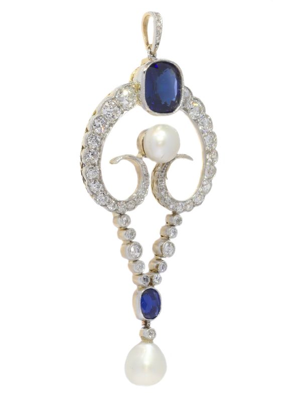 Belle Epoque Diamond Pendant with Natural Pearls and Sapphires, with certificate