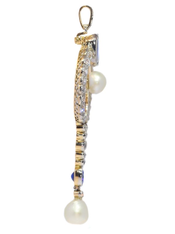 Belle Epoque Diamond Pendant with Natural Pearls and Sapphires, with certificate