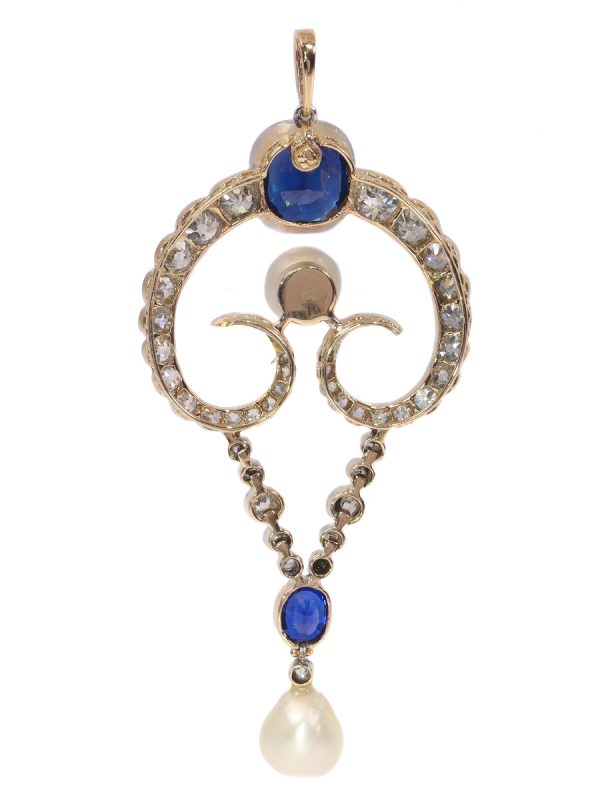 Belle Epoque Diamond Pendant with Natural Pearls and Sapphires, with certificate