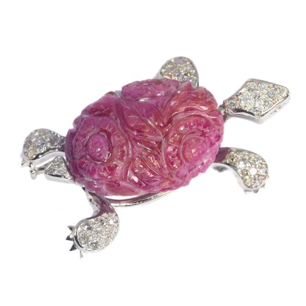 Vintage French 35ct Carved Ruby and Diamond Turtle Brooch, with 0.60cts single-cut diamond head, legs and tail, in 18ct white gold and platinum, Circa 1950