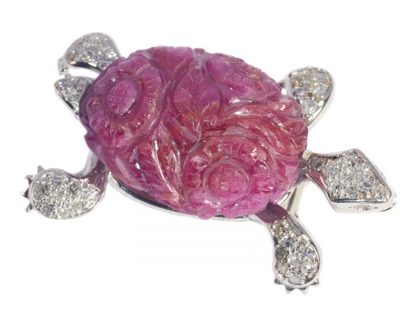 Vintage French 35ct Carved Ruby and Diamond Turtle Brooch, Circa 1950