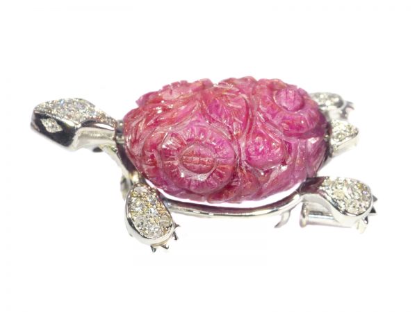 Vintage French 35ct Carved Ruby and Diamond Turtle Brooch, Circa 1950