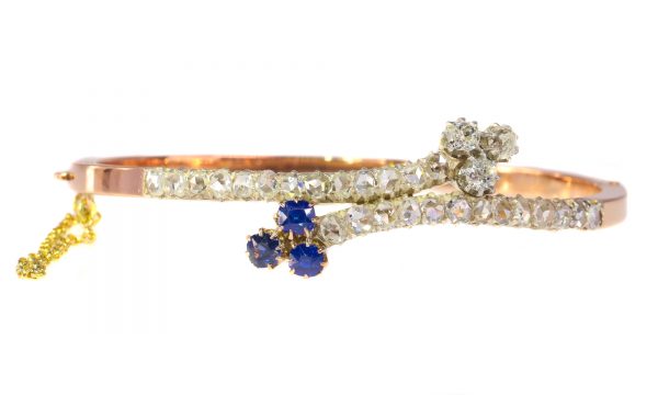 Antique Victorian Sapphire and Diamond Crossover Bangle Bracelet, Circa 1880