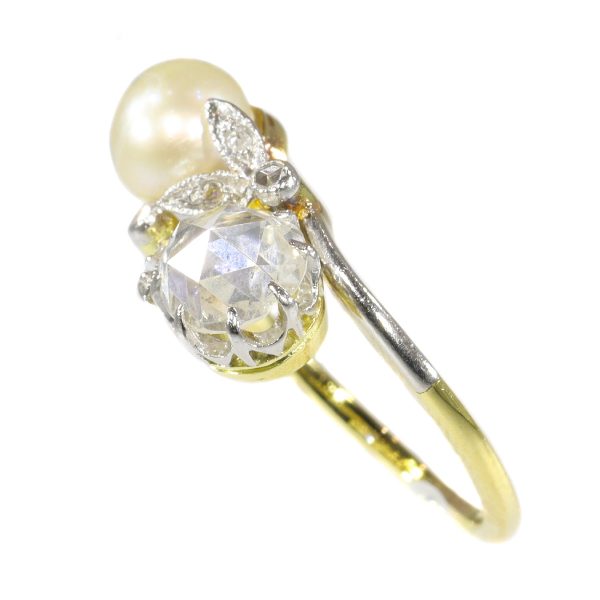 Belle Epoque Rose Cut Diamond and Pearl Two Stone Crossover Ring
