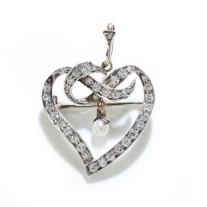 Art Deco Old Cut Diamond Heart Brooch with Natural Pearl