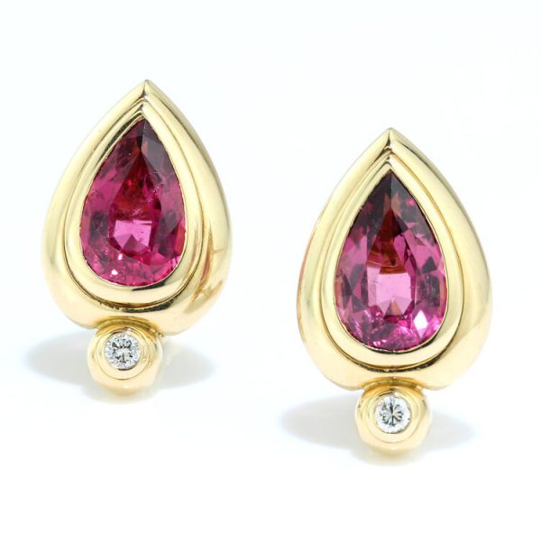 Vintage Italian Rubellite and Diamond Earrings by Poiray; 16cts pear-cut rubellites with diamond accents, in 18ct yellow gold with post and clip fittings, Circa 1990s