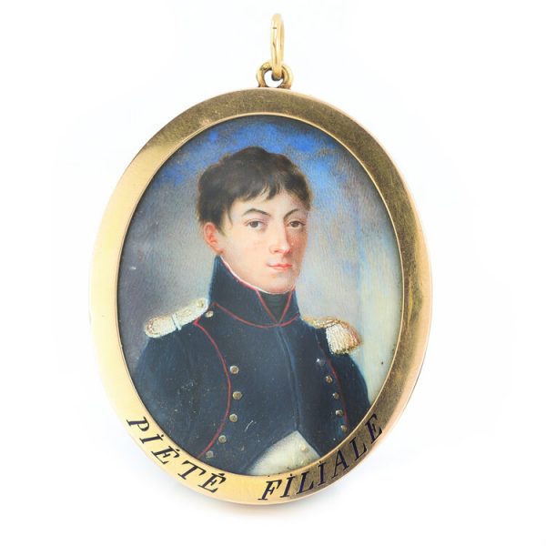 Antique French Portrait Miniature Pendant, with watercolour paintings on both sides, in 18ct yellow gold with enamel transcript, 19th century Circa 1890s