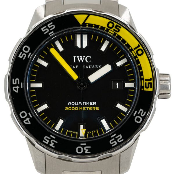 IWC Aquatimer 2000 Steel 44mm Automatic with Black Dial, Ref IW356801, black unidirectional rotating bezel with luminescent numbers and luminescent yellow 15 minute zone, with IWC box and papers