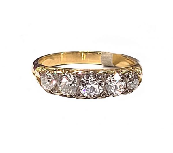 Antique Victorian Old Mine Cut Diamond Five Stone Ring; set with nearly 2 carats of old mine-cut diamonds in 18ct yellow gold, 19th century, Circa 1880