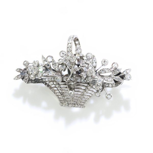 Art Deco Rose Cut Diamond Floral Basket Brooch in Platinum, 2 carat total
