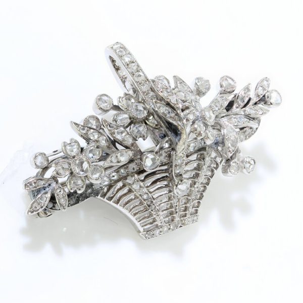 Art Deco Rose Cut Diamond Floral Basket Brooch in Platinum, 2 carat total