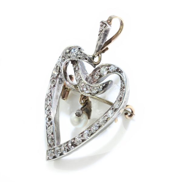 Art Deco Old Cut Diamond Heart Brooch with Natural Pearl, 1.85 carats