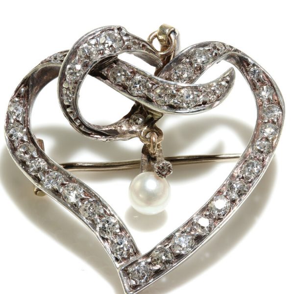 Art Deco Old Cut Diamond Heart Brooch with Natural Pearl